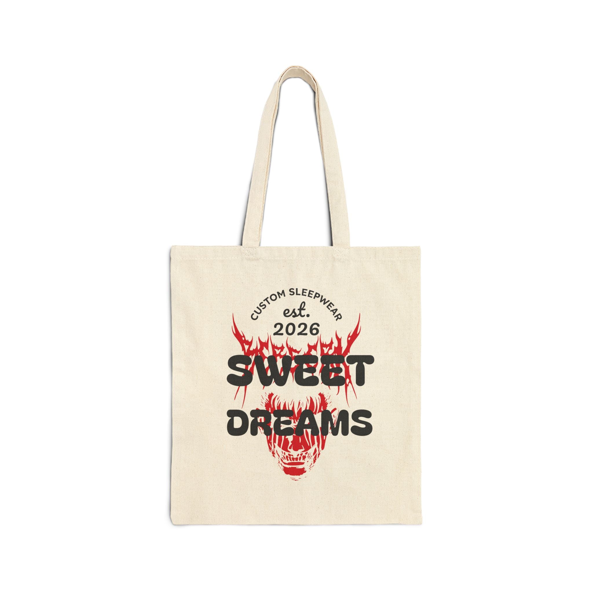 Tote Bag — "Sweet Dreams" Flaming Skull Canvas Tote, Gothic Aesthetic Reusable Shopper