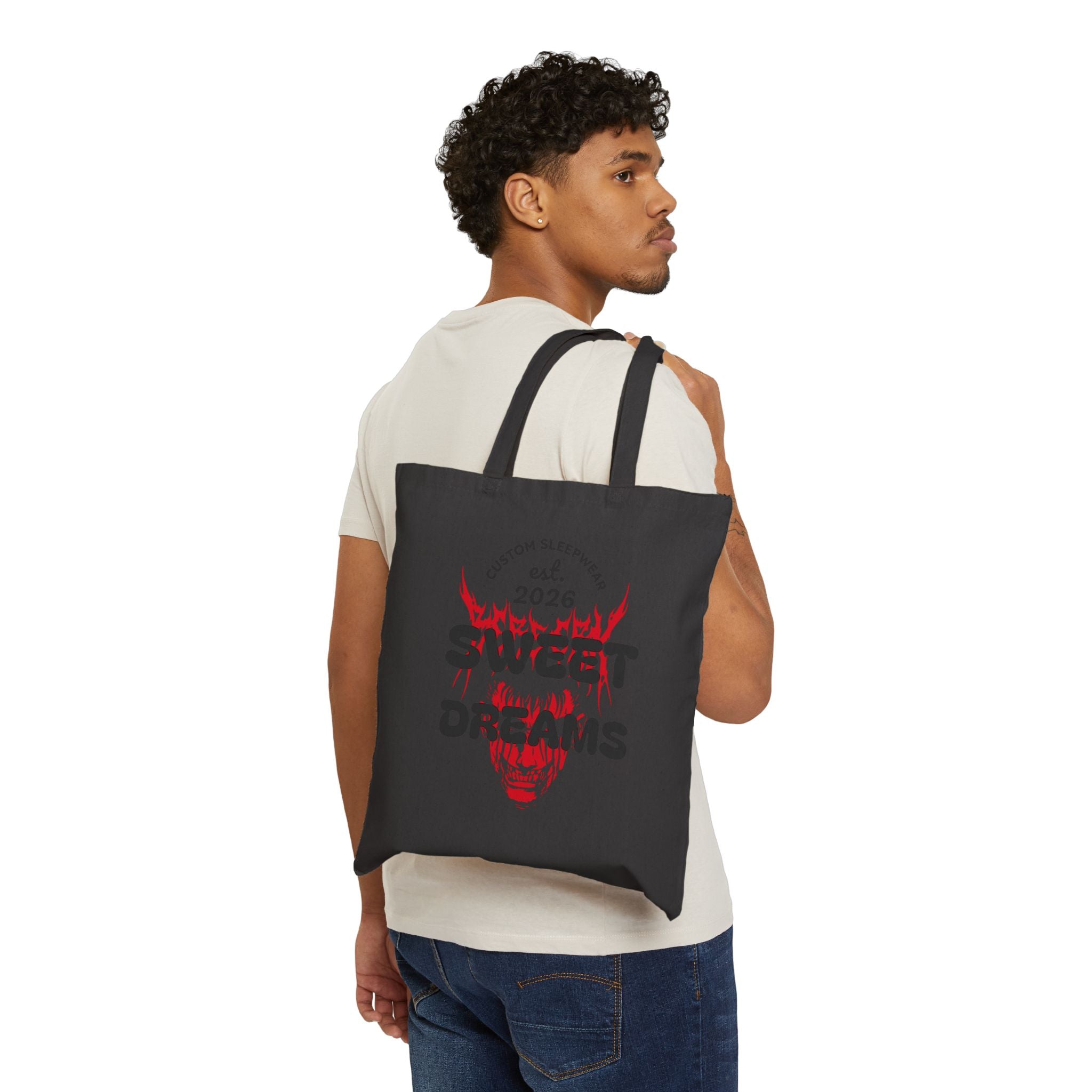Tote Bag — "Sweet Dreams" Flaming Skull Canvas Tote, Gothic Aesthetic Reusable Shopper