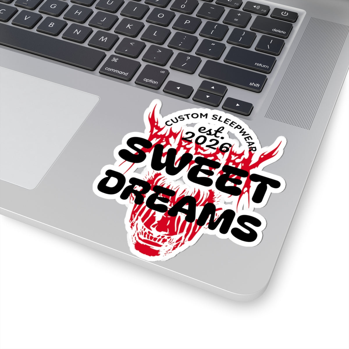 Sweet Dreams Skull Sticker — Red Flame Graphic Kiss-Cut Decal (Custom Sleepwear est. 2026)