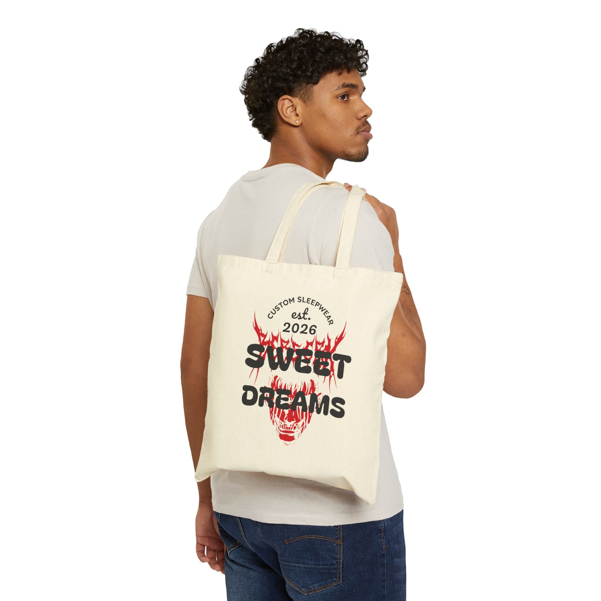 Tote Bag — "Sweet Dreams" Flaming Skull Canvas Tote, Gothic Aesthetic Reusable Shopper